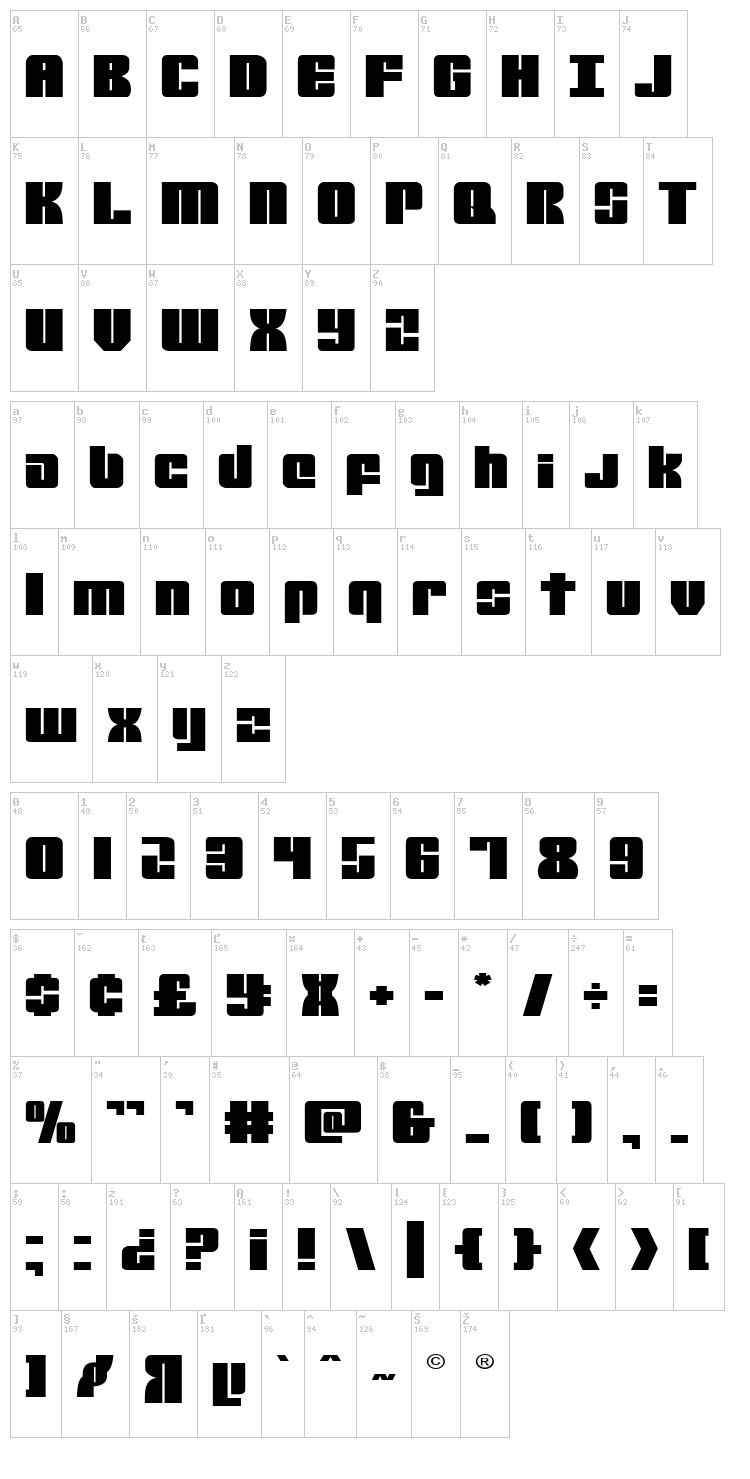 Mobile Infantry font map