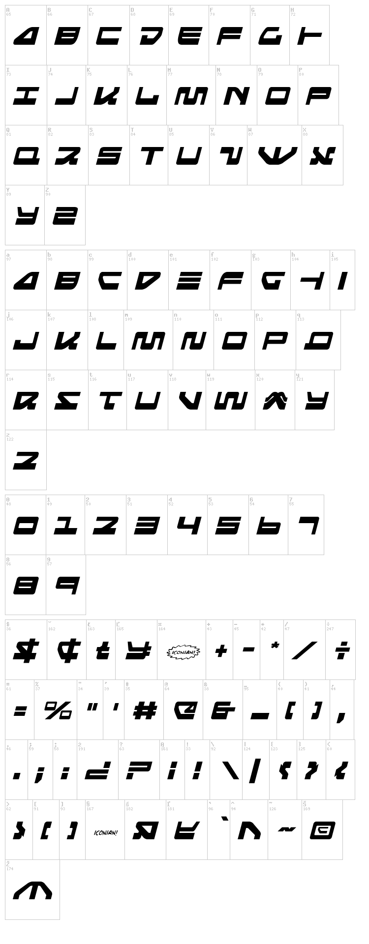 Searider Falcon font map