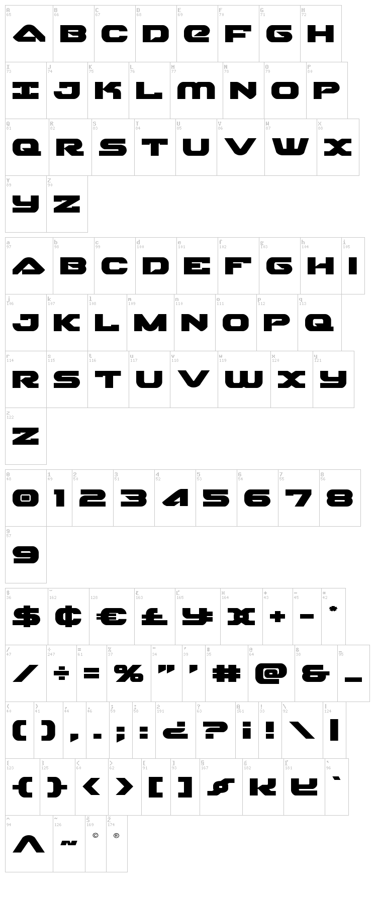Skyhawk font map