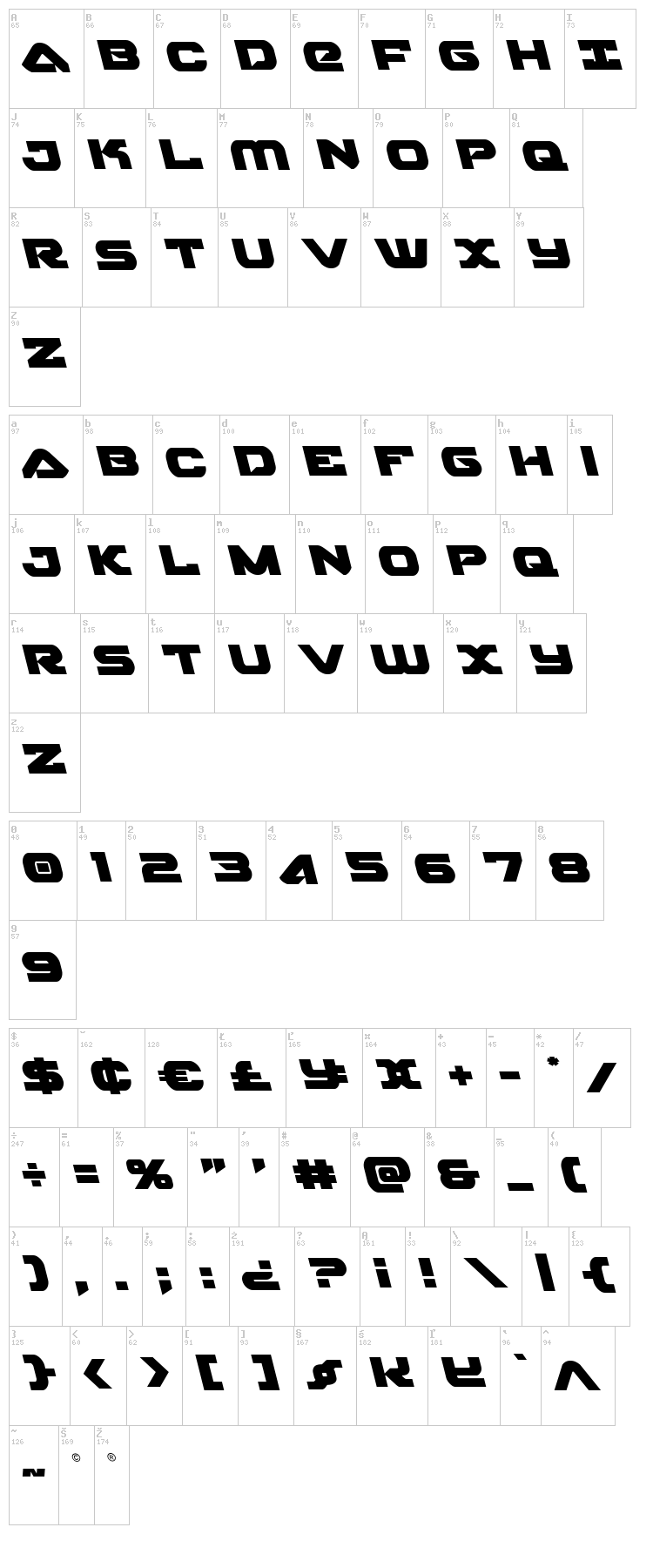 Skyhawk font map