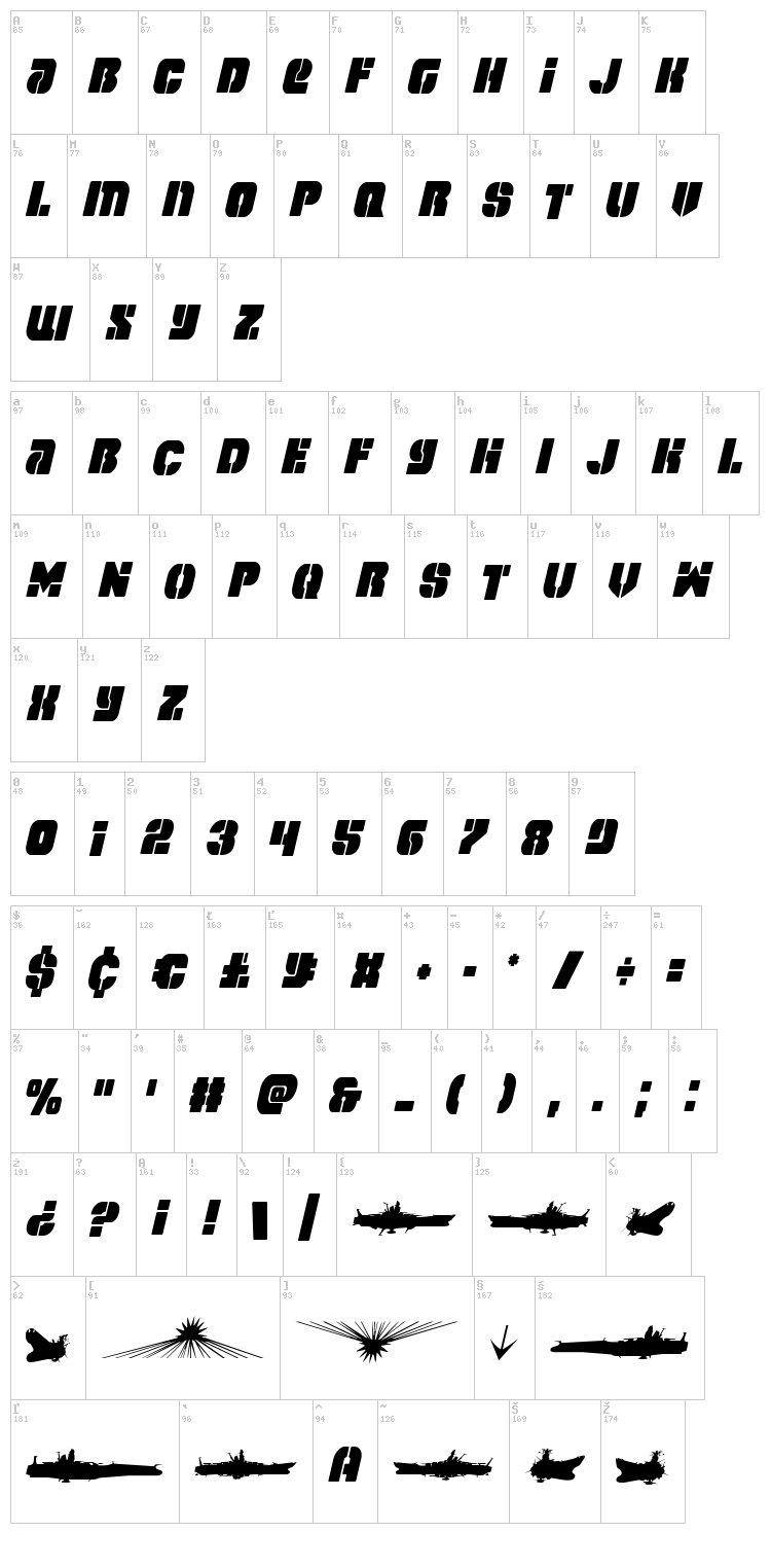 Space Cruiser font map