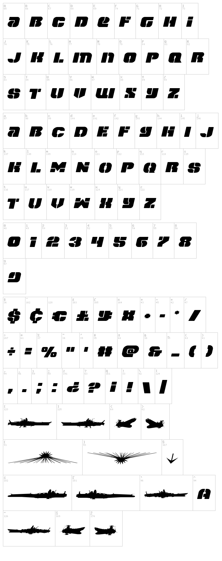Space Cruiser font map
