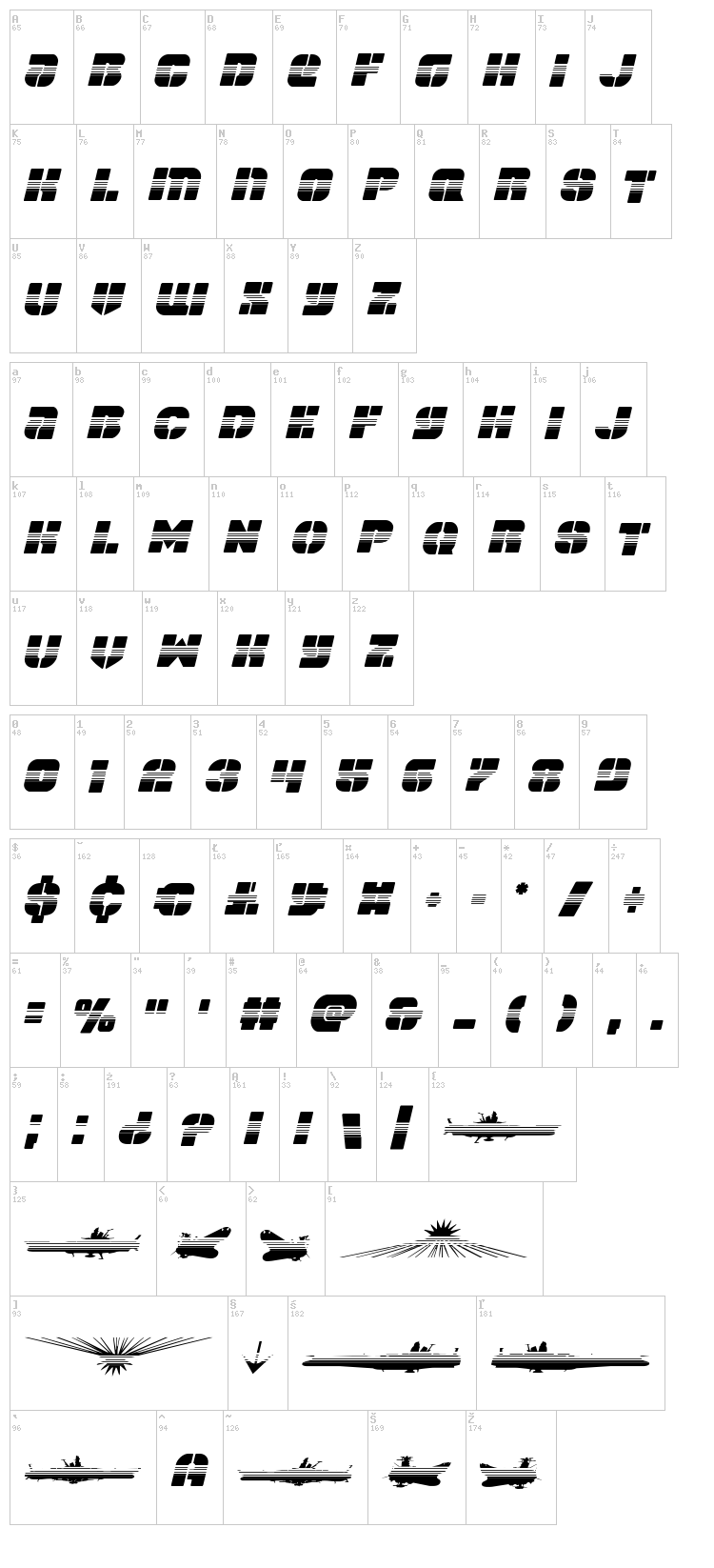 Space Cruiser font map