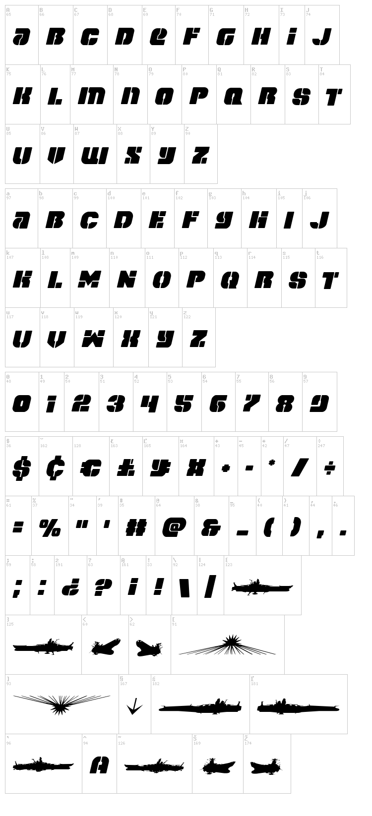 Space Cruiser font map