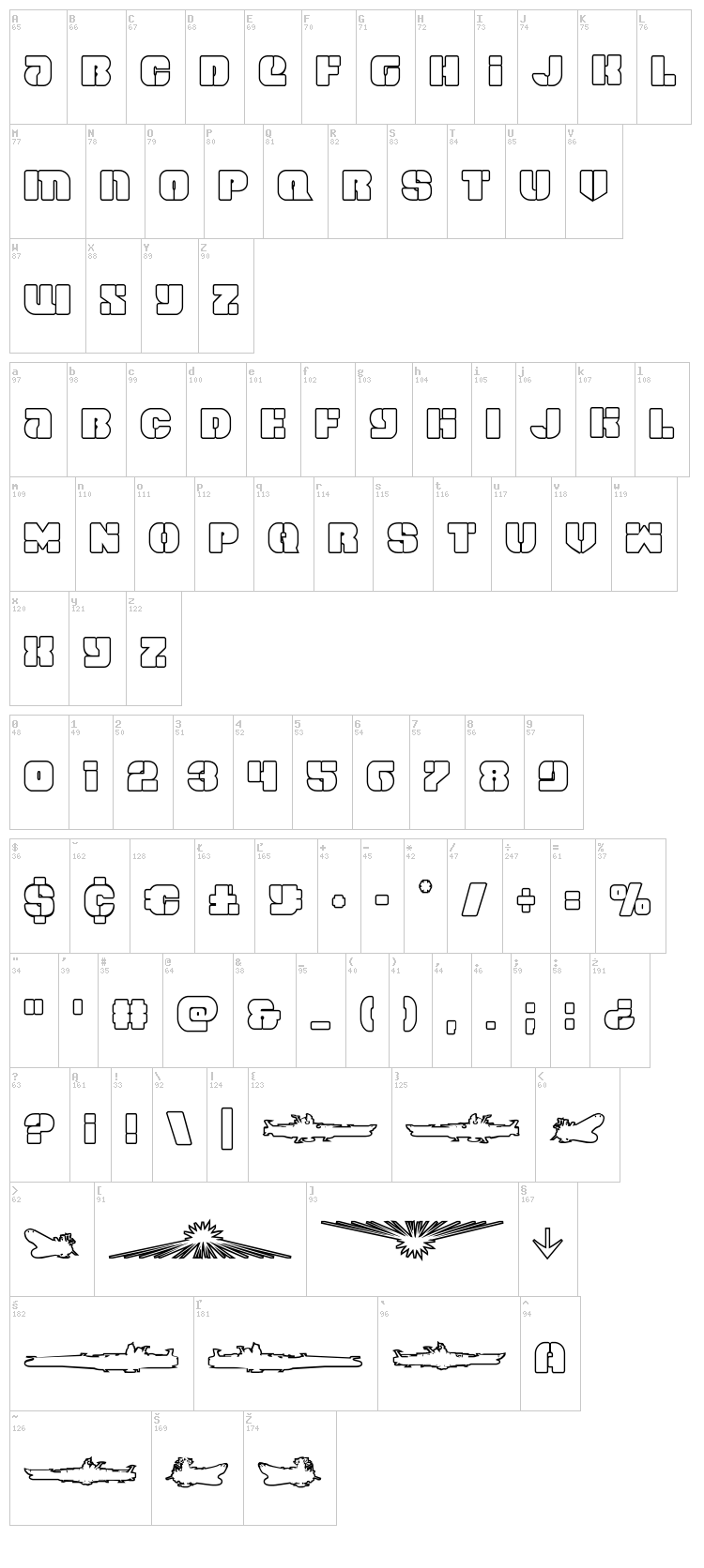 Space Cruiser font map