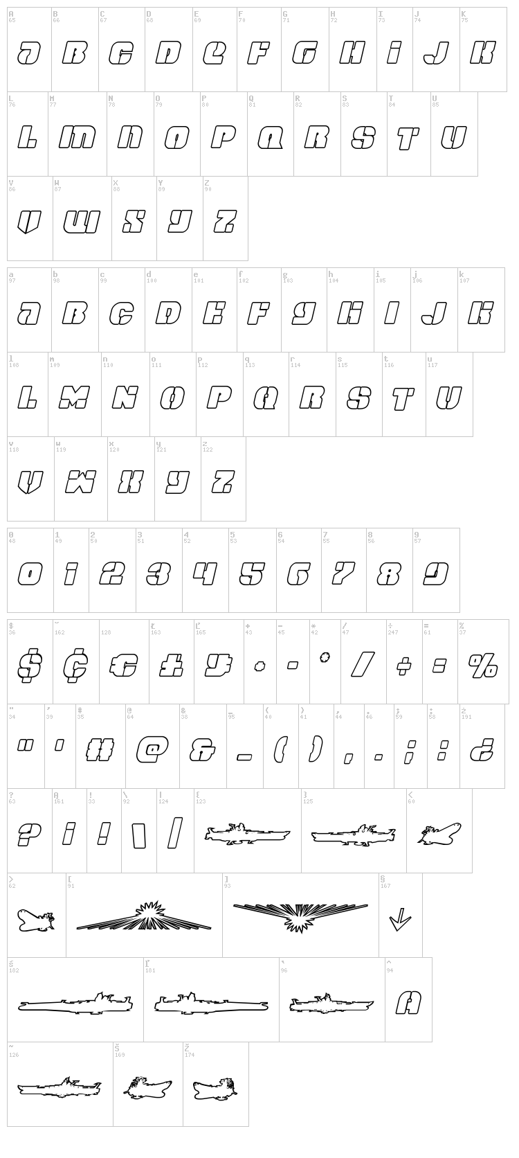 Space Cruiser font map