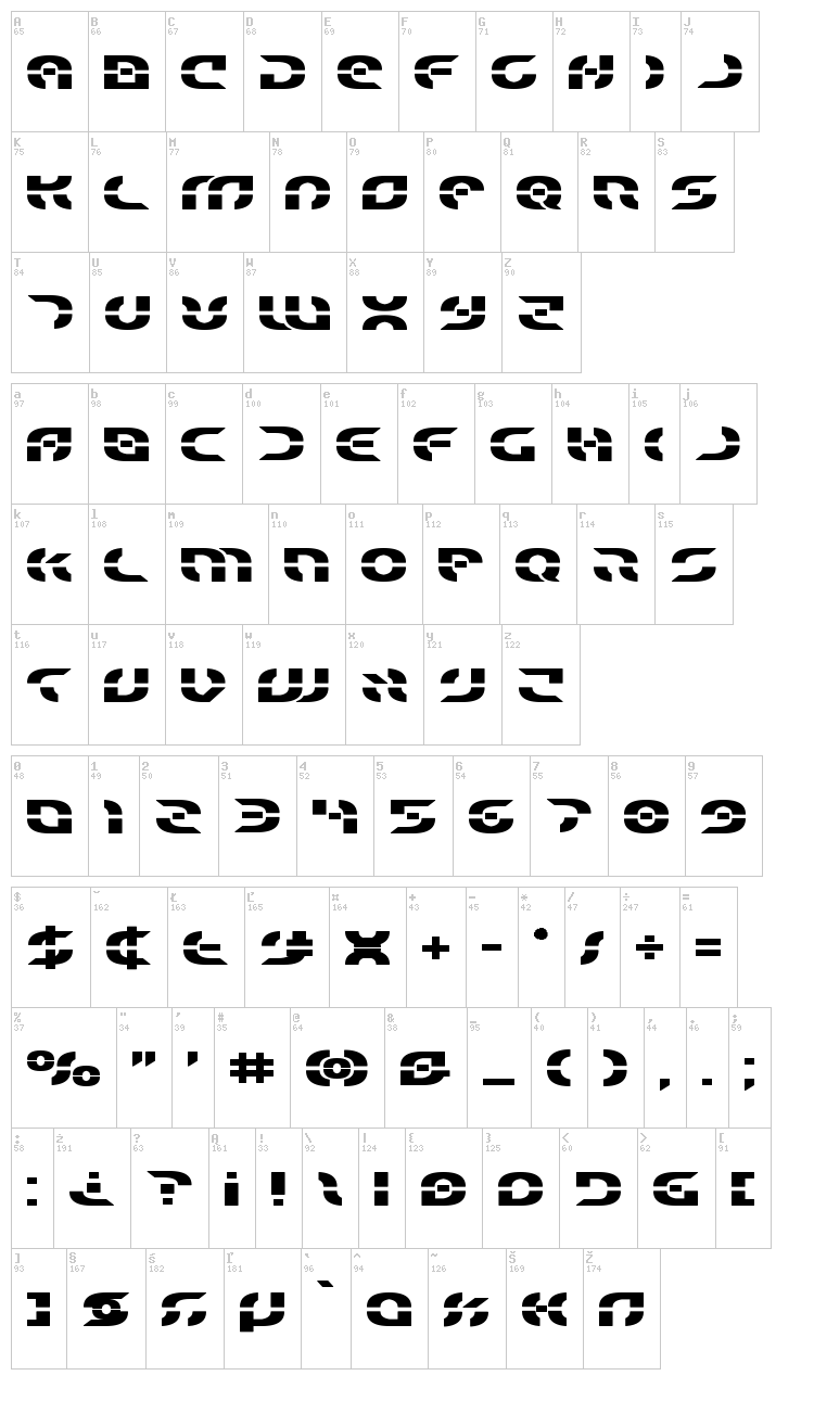 Star Fighter font map