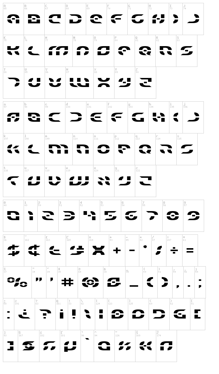 Star Fighter font map