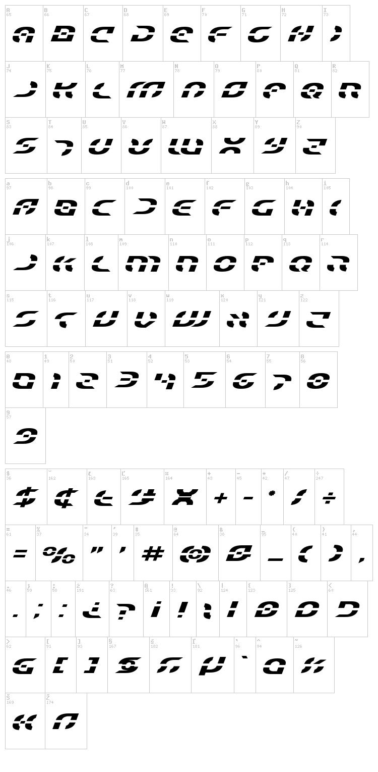 Star Fighter font map