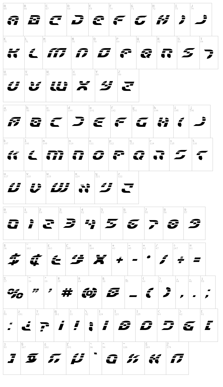 Star Fighter font map