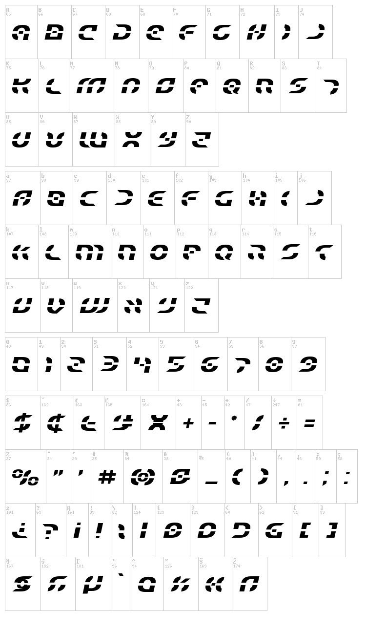 Star Fighter font map