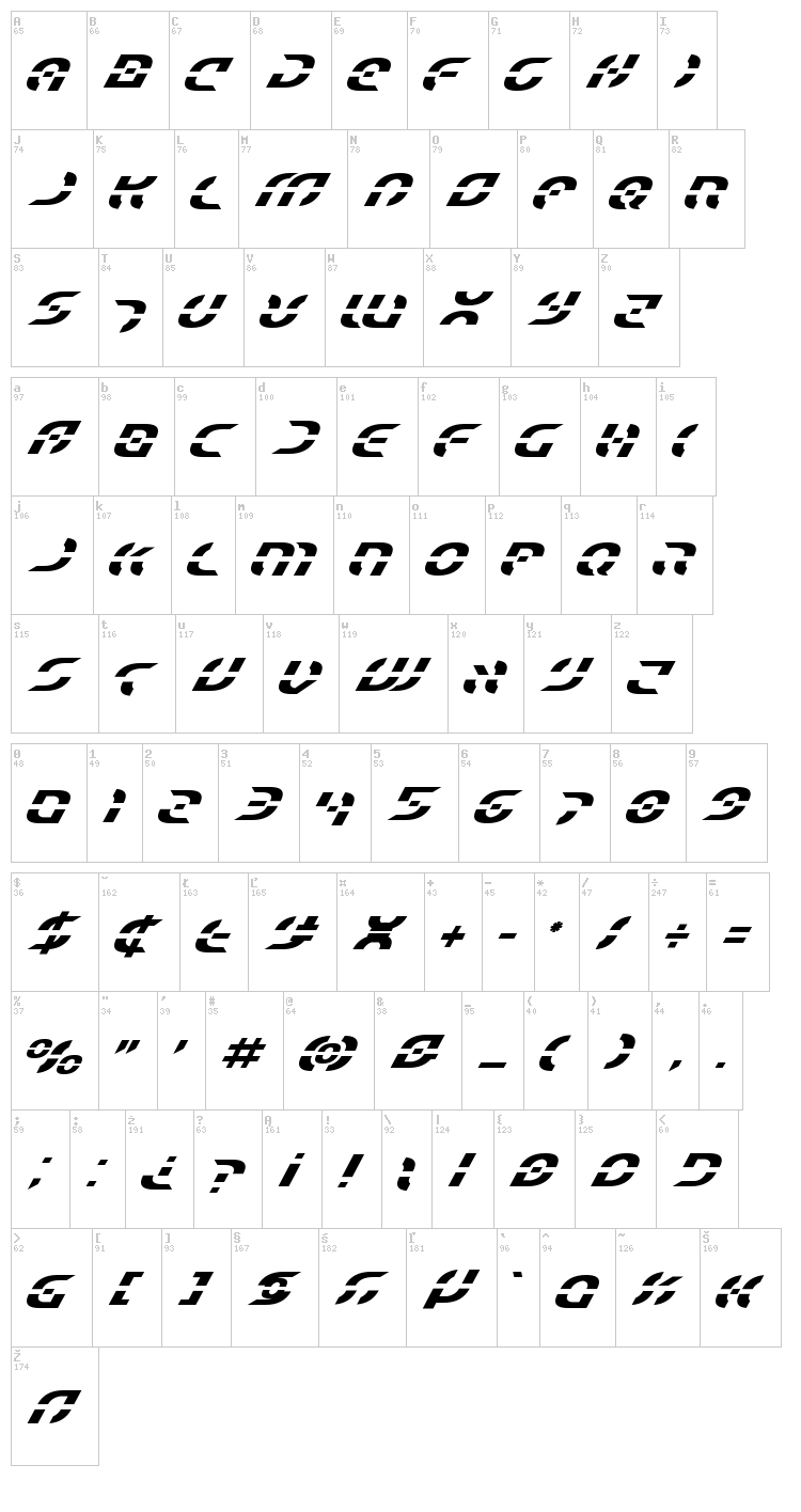 Star Fighter font map