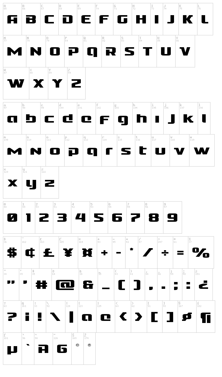 Cobalt Alien font map