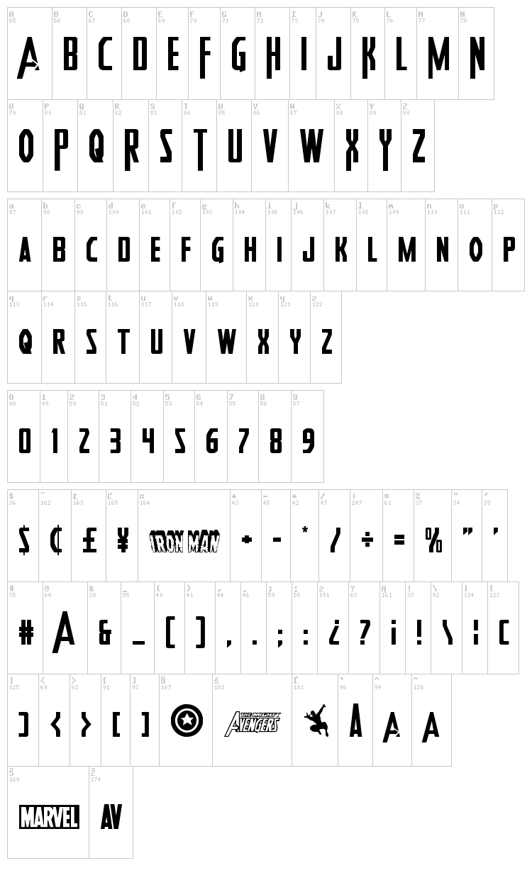 Heroes Assemble font map