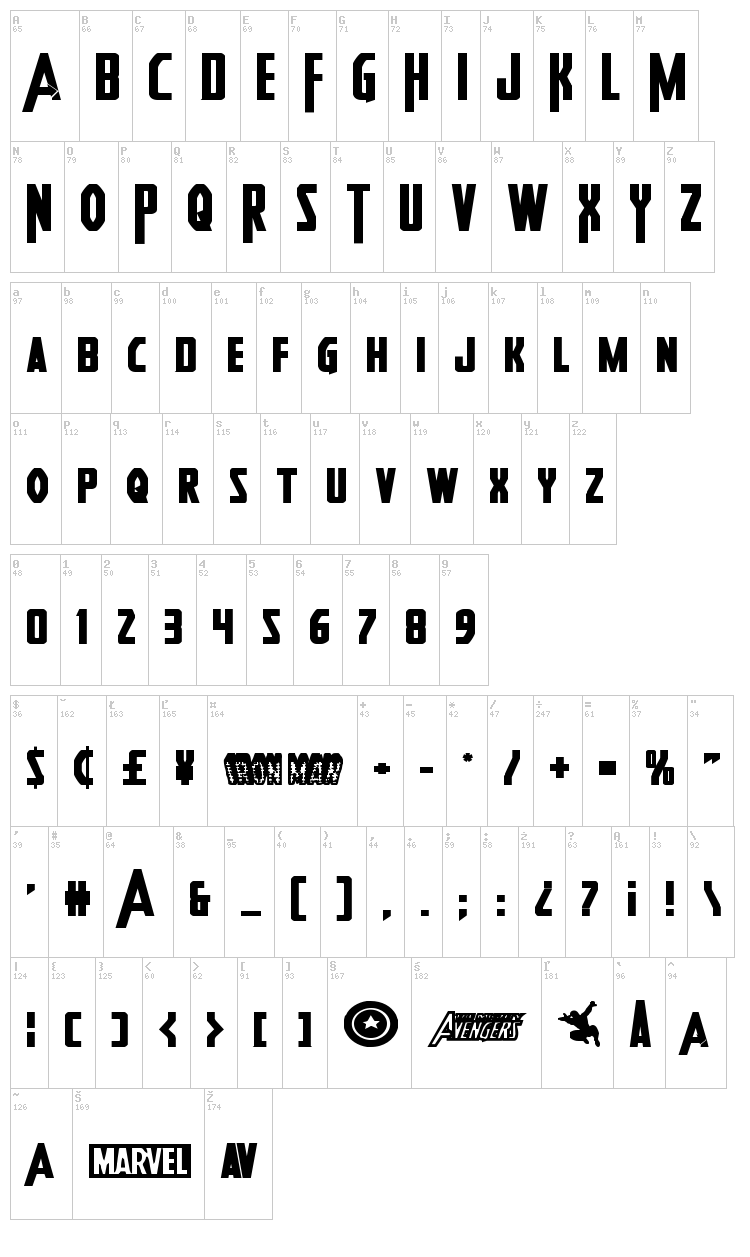 Heroes Assemble font map