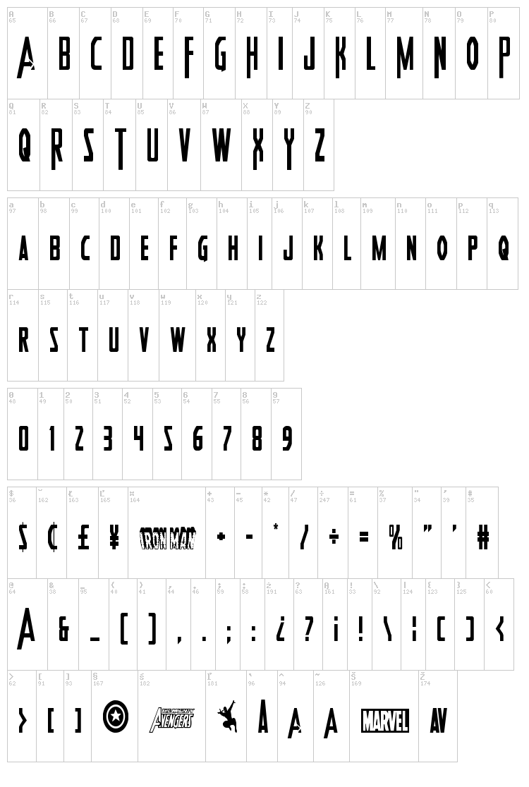 Heroes Assemble font map