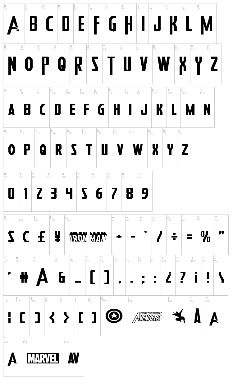 Heroes Assemble font map