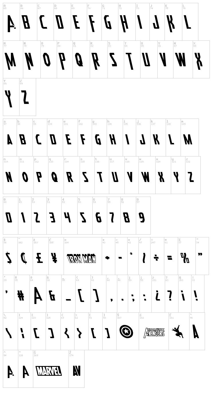 Heroes Assemble font map