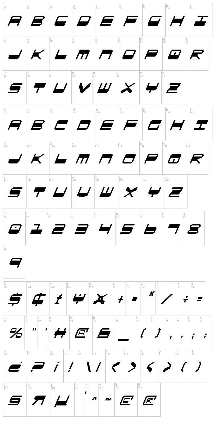 Quick Strike + Tech + Gear + Mark font map