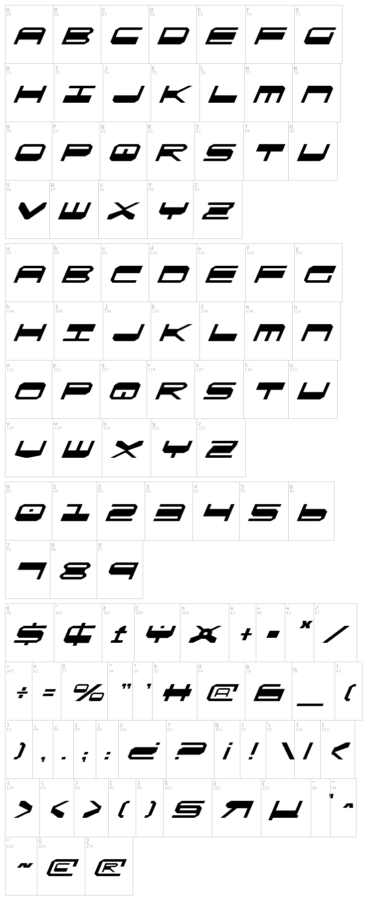 Quick Strike + Tech + Gear + Mark font map