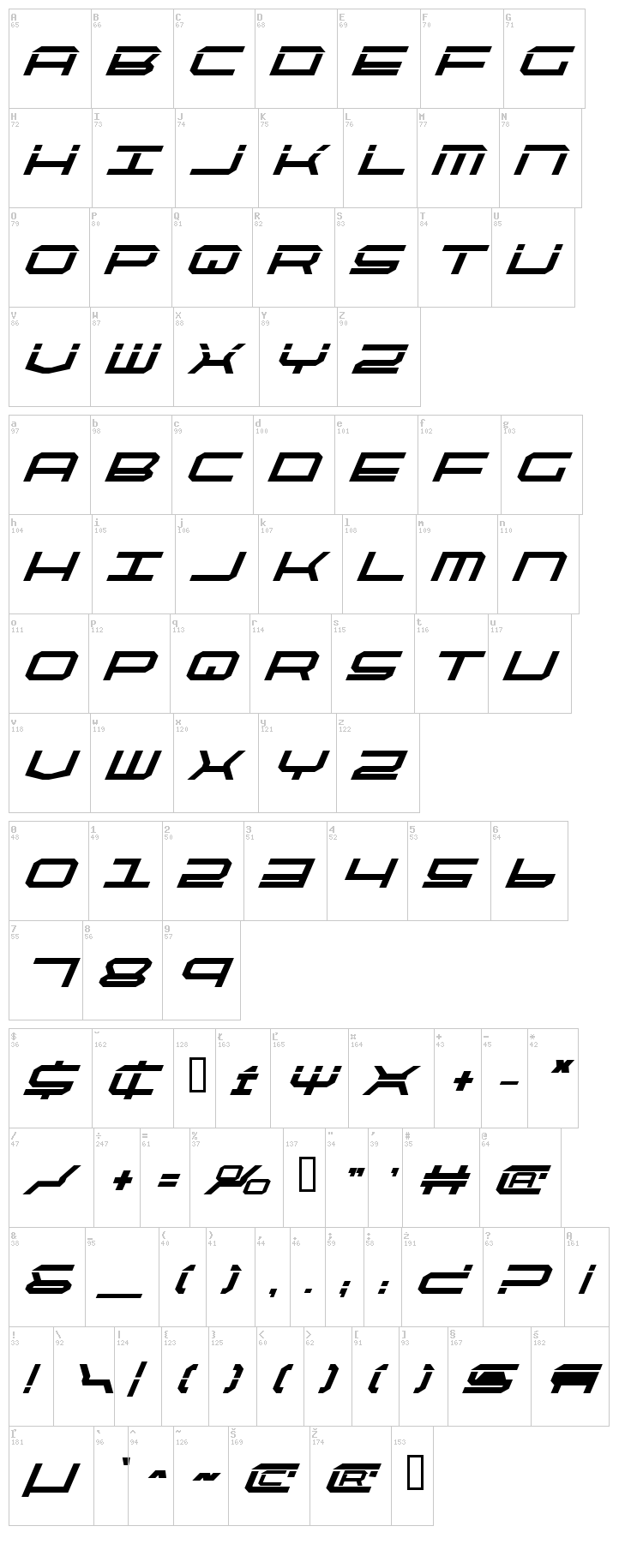 Quick Strike + Tech + Gear + Mark font map