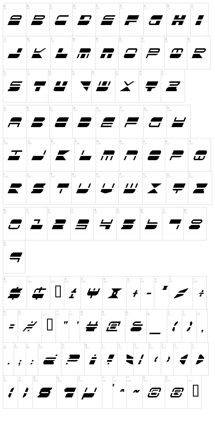 Quick Strike + Tech + Gear + Mark font map
