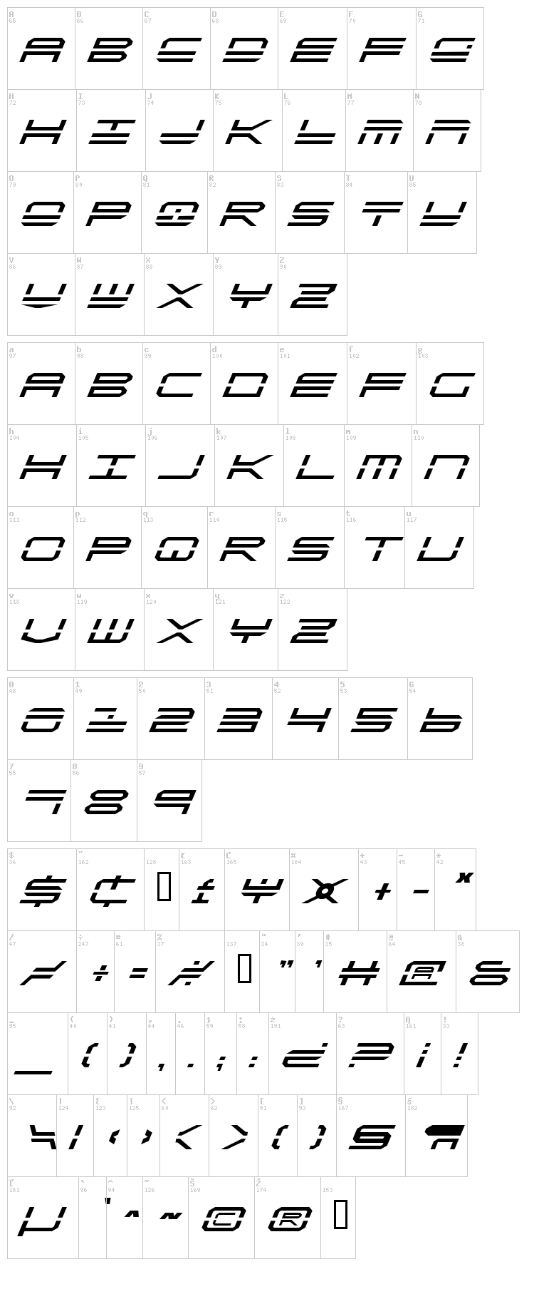 Quick Strike + Tech + Gear + Mark font map