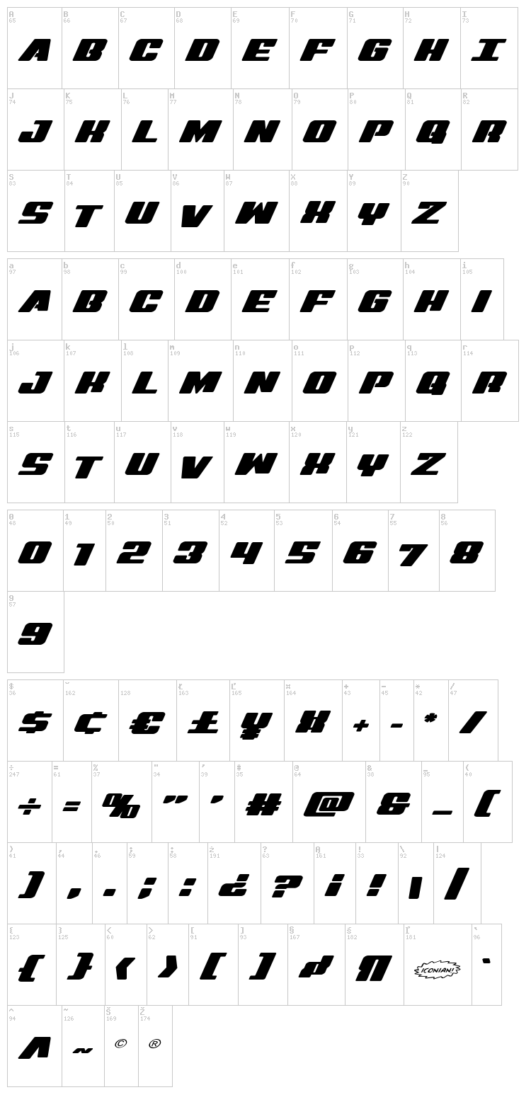 Virgin Hybrid font map