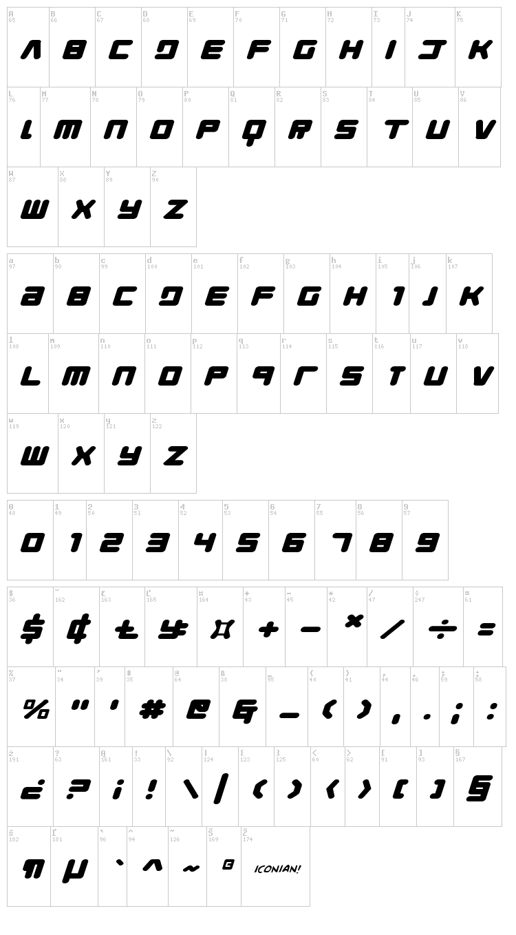 Young Techs font map