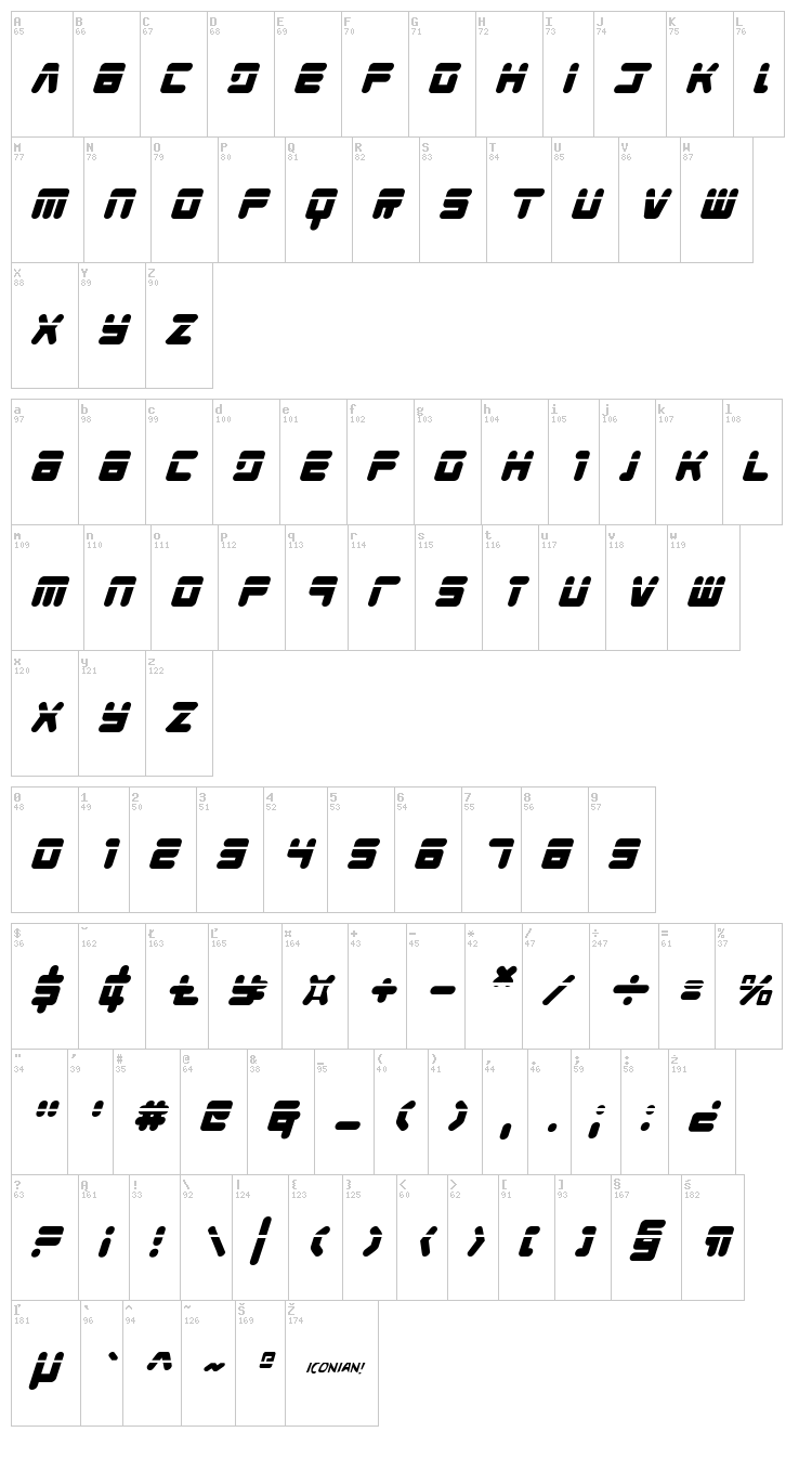 Young Techs font map