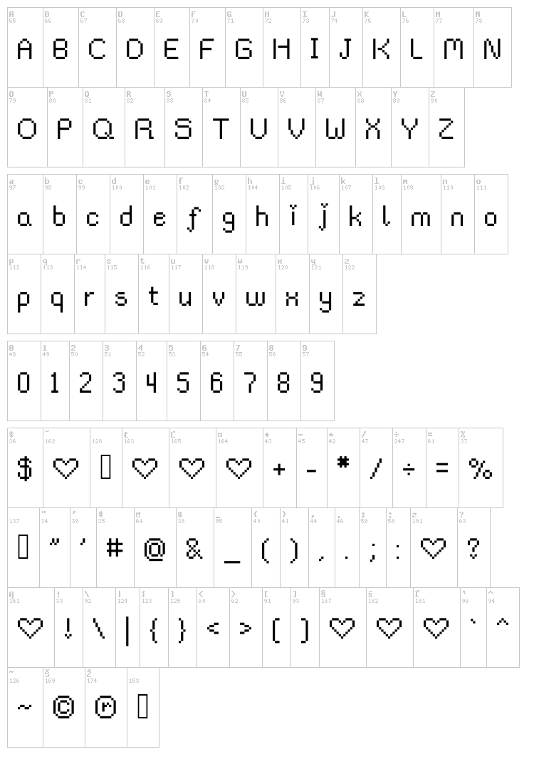 Rainy Hearts font map