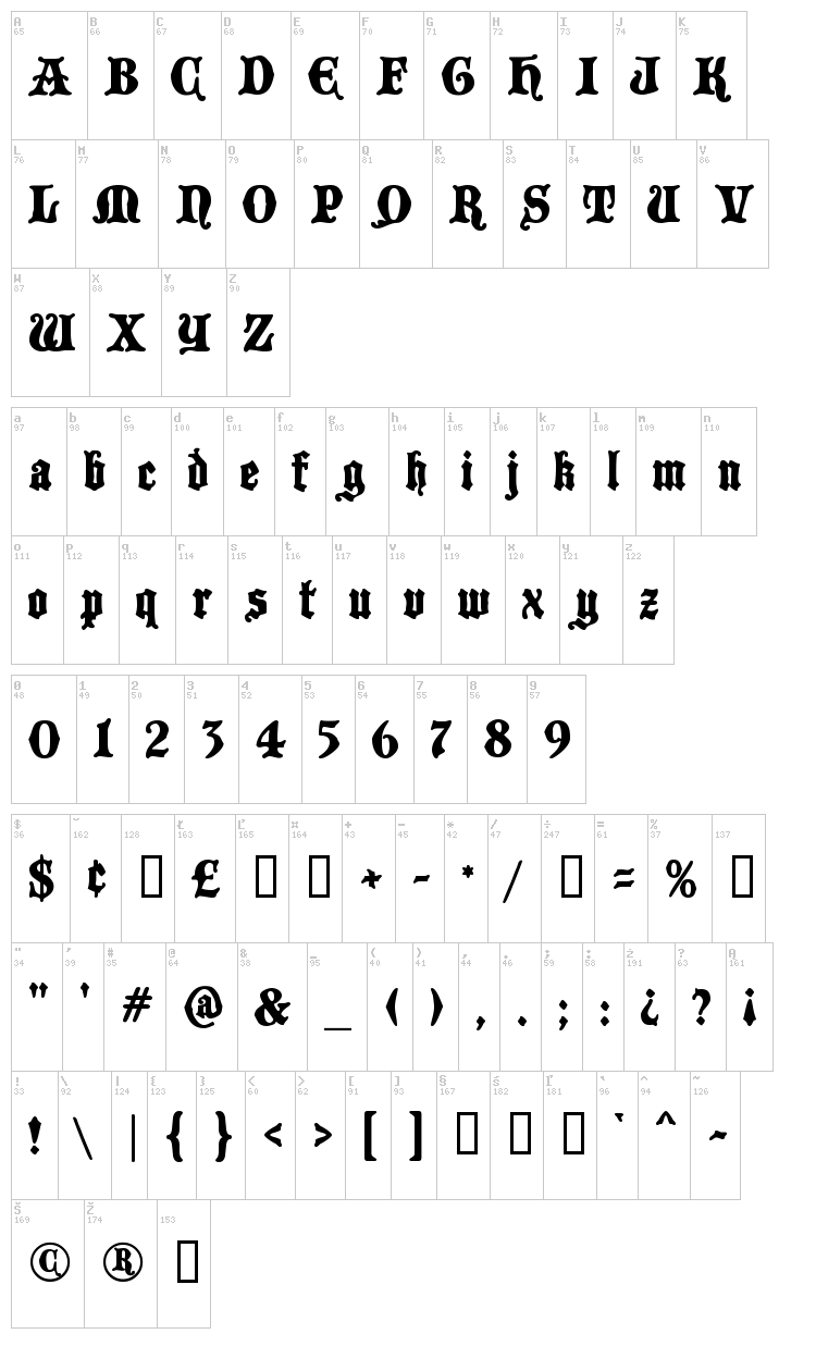 Black Castle font map