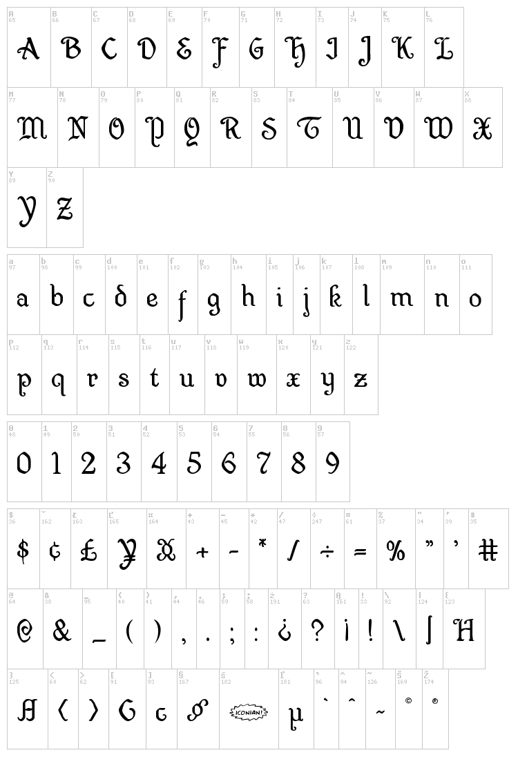 Quill Sword font map