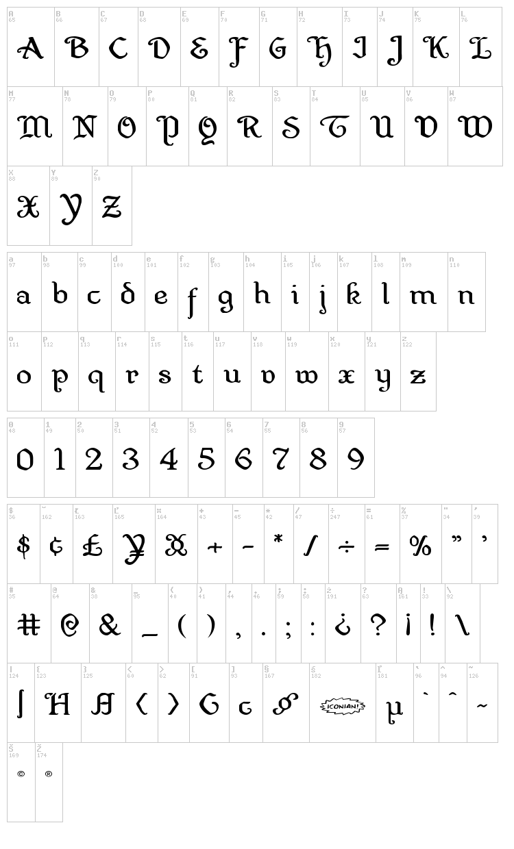 Quill Sword font map