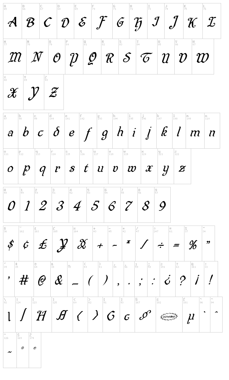 Quill Sword font map