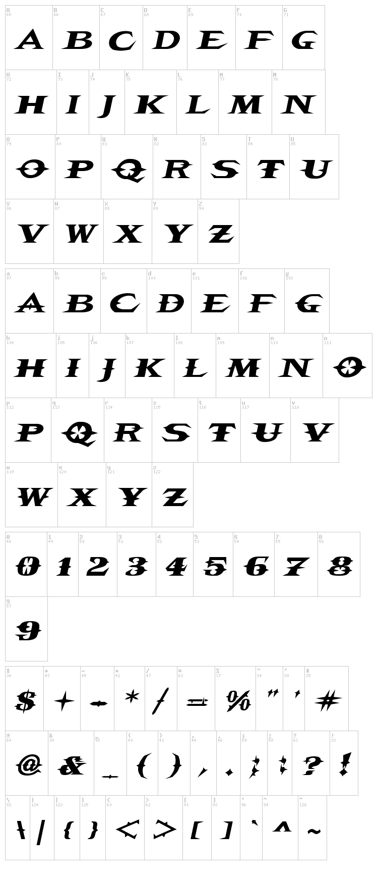 VTC Belias Blade font map