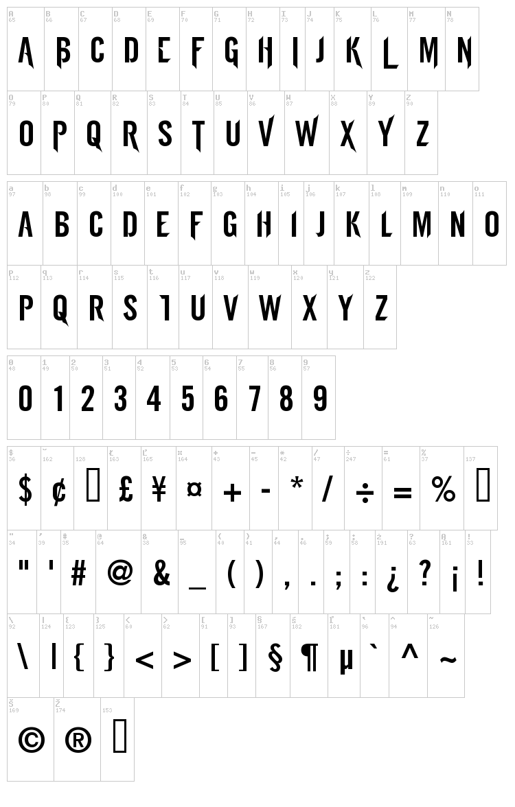 CM Tattoo Dragon font map