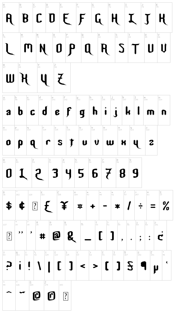Night Warrior font map
