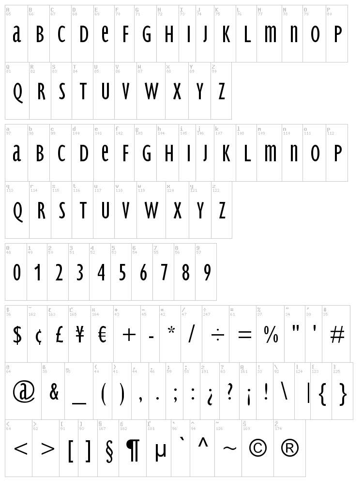 BradburySans Light font map