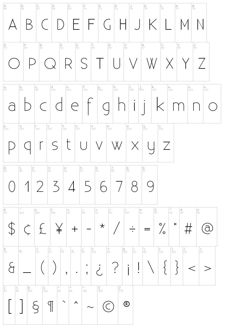 Existence Light font map