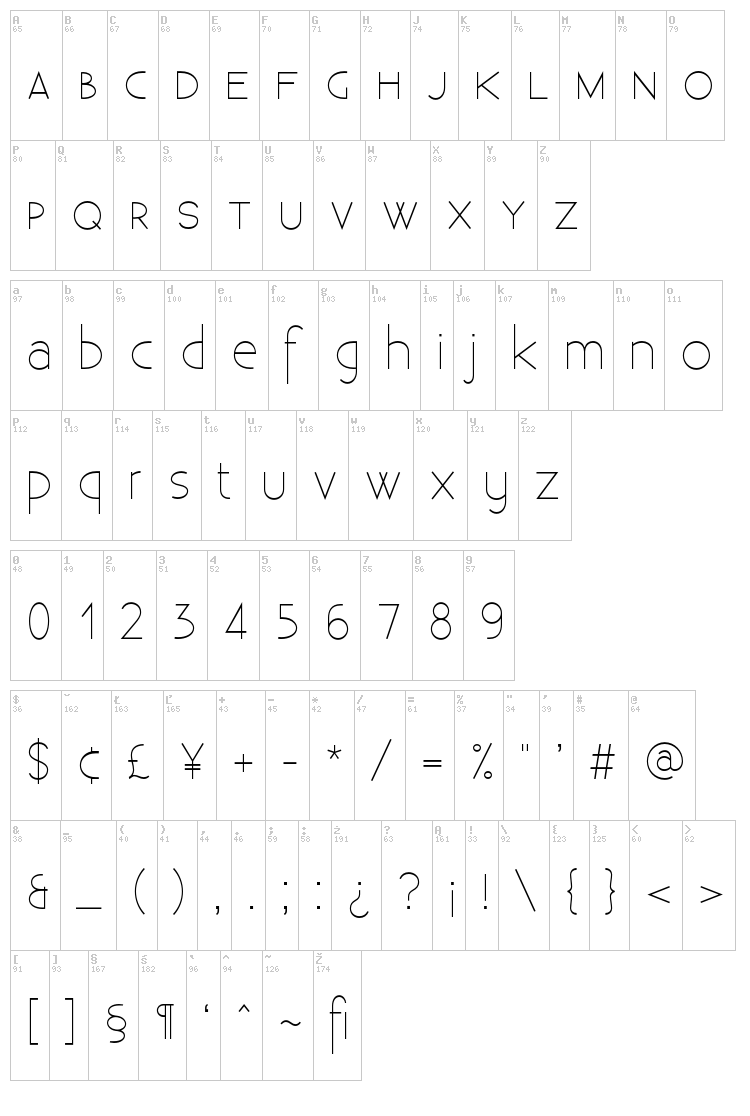 Existence Light font map