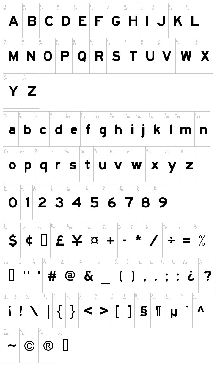 Freeway Gothic font map
