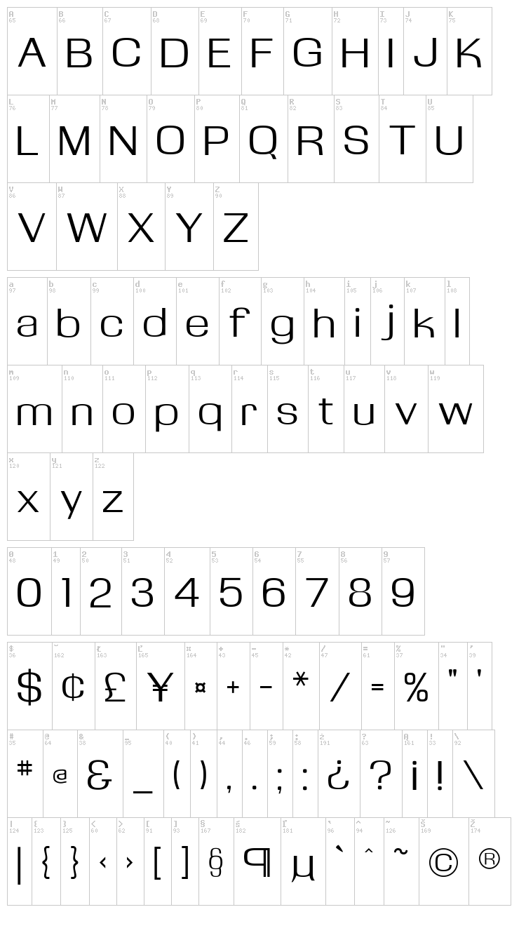 Kasse FLF font map