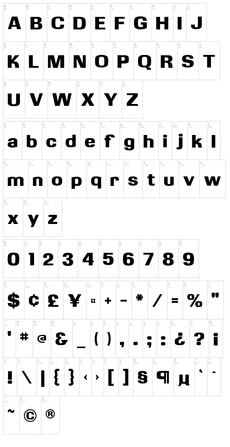 Kasse FLF font map