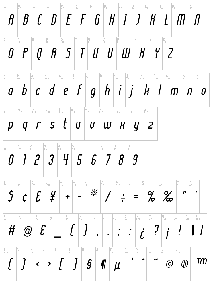 Lady Ice font map