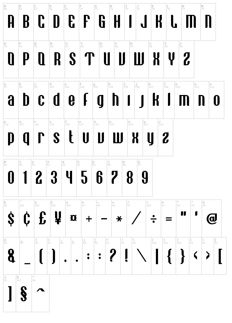 VE Vastagurly Display font map