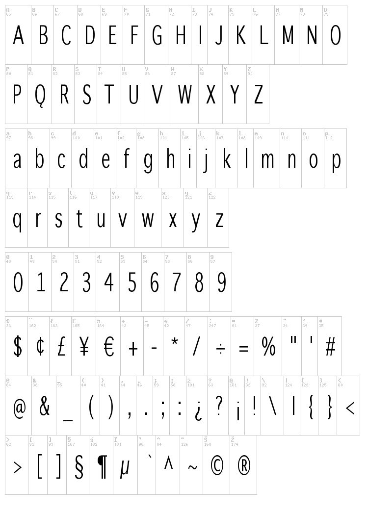 Winterthur Condensed font map