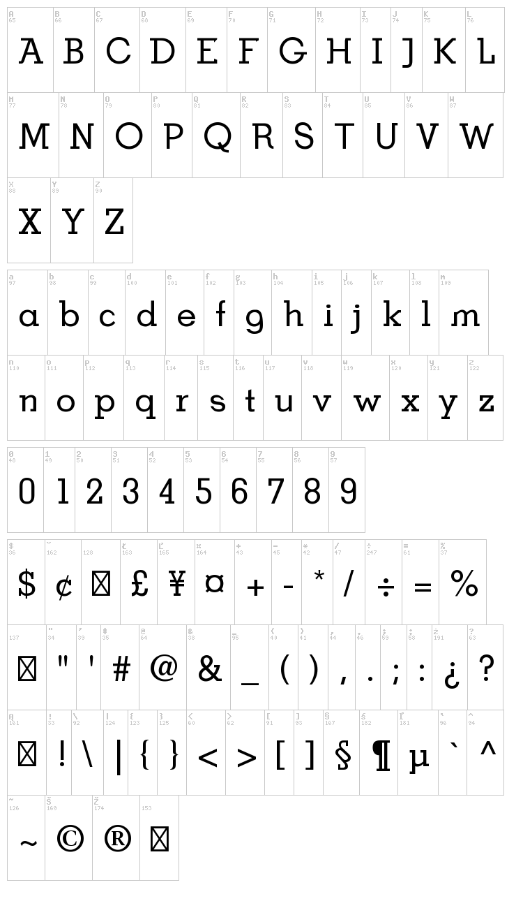 BDP OldNeo font map