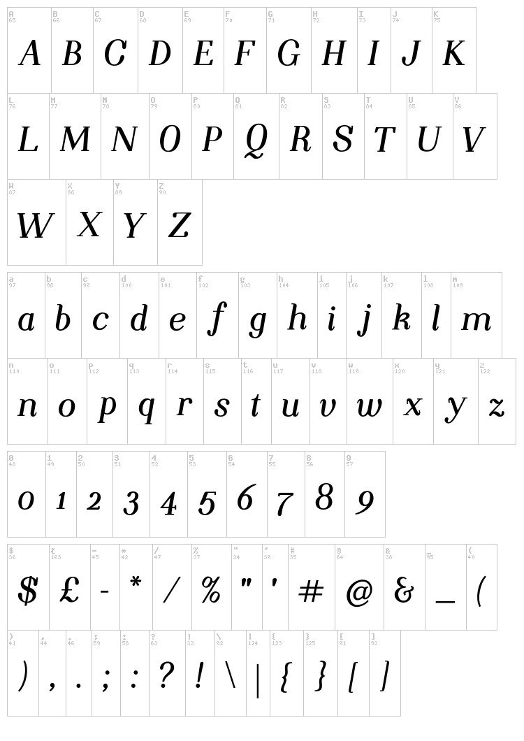 Night Still Comes font map