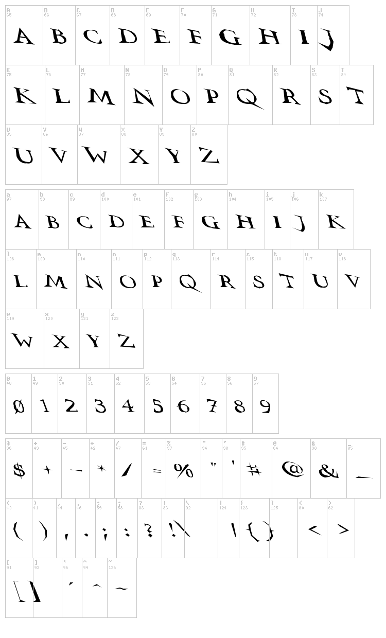 VTC Switchblade Romance font map